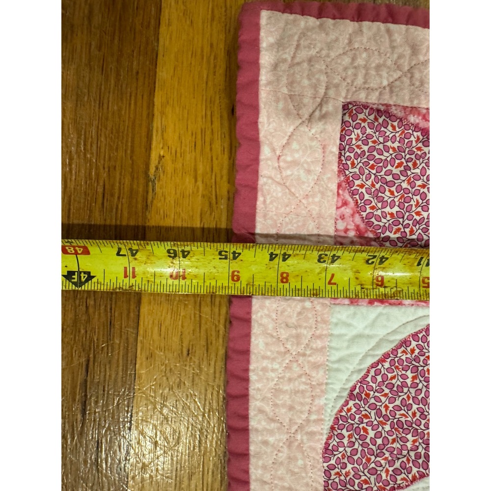 Handmade Pink Patchwork Quilt Cat Heart Floral Applique Nursery Blanket 44x44 - Picture 9 of 14
